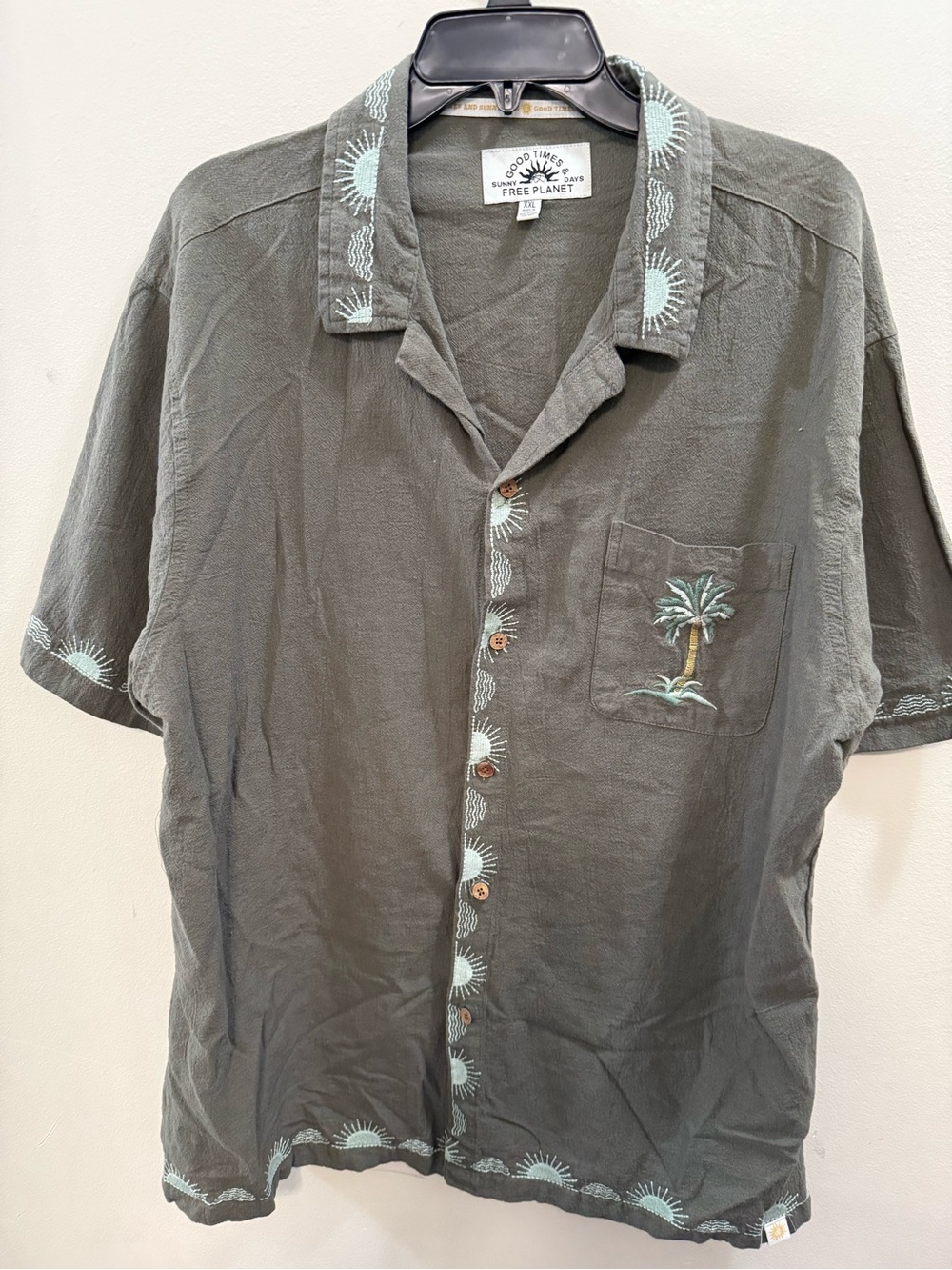 Free Planet Khaki Green Palm Tree Embroidered Button Down Shirt XXL Cotton/Linen